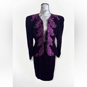 Vintage I Magnin Farinae Collections Velour Velvet Embroidered Skirt Jacket 6